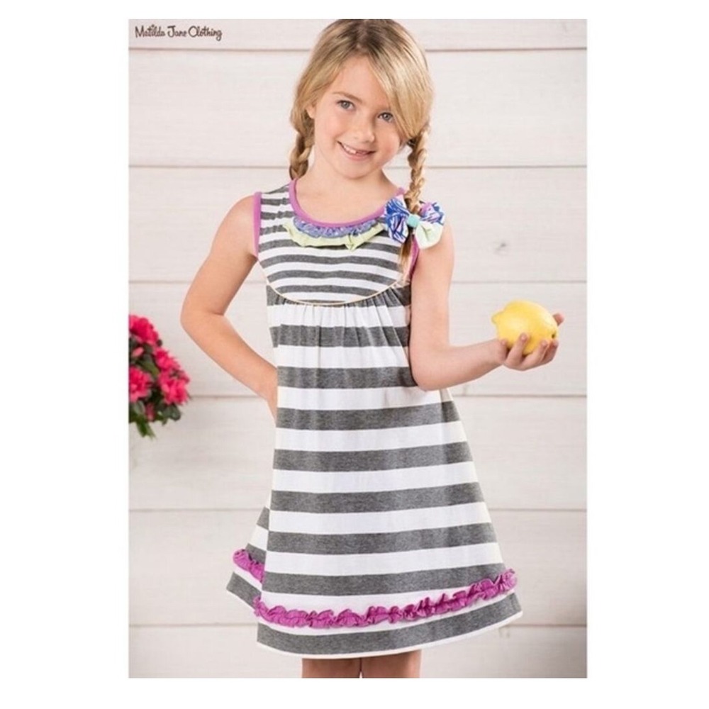 Matilda Jane Adventure Begins Dress Vanilla Swirl Dress Gray Striped Size 4